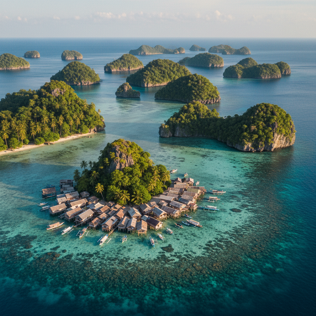Togean Islands aerial drone view of pristine atolls in turquoise sea