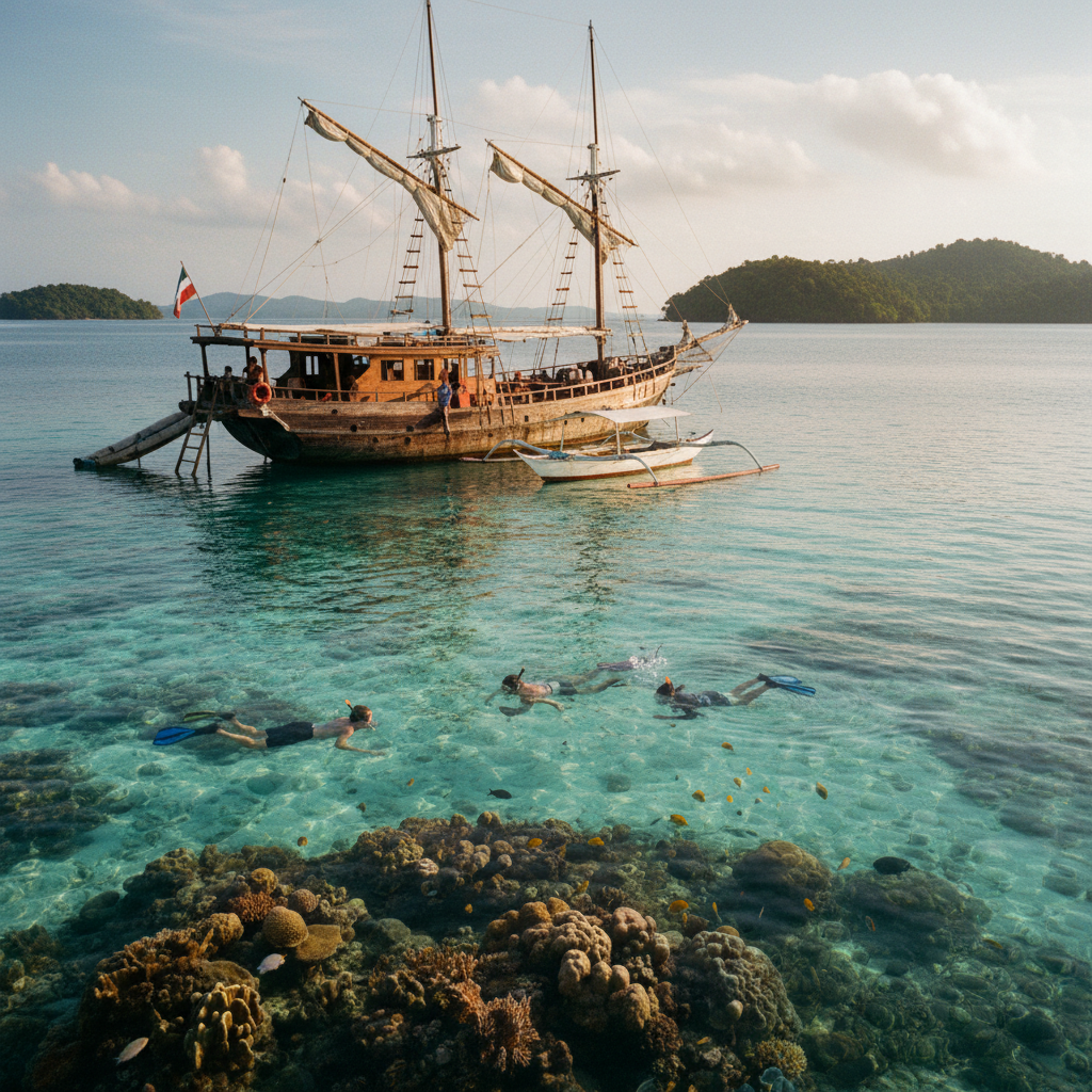 Togean Islands liveaboard phinisi anchored at Pulau Papan with Bajau stilt village in foreground during 7-day archipelago tour